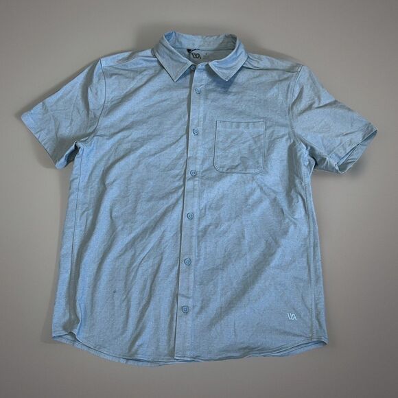 Men's VRST Refined Knit Short Sleeve Button Down Collared Shirt Muted Denim Med - Picture 1 of 5